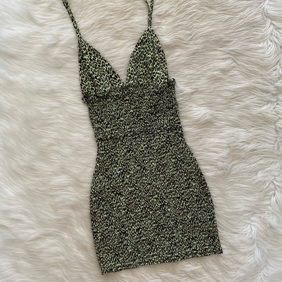 AFRM Green Leopard Smocked V-Neck Cocktail Dress - Picture 2 of 9